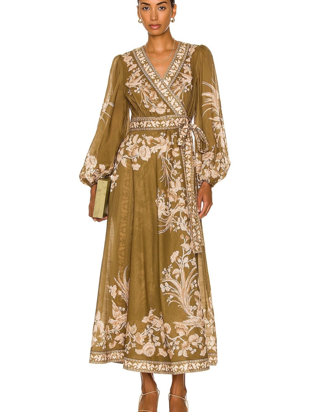 Zimmermann Olive Bird Midi Wrap Dress with Cream Floral Embroidery